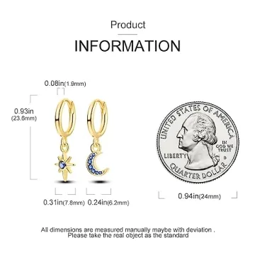 NARMO Dangle Drop Sterling Silver Gold Star Moon Earrings