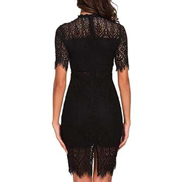 Zalalus Wedding Lace Dress for Women Cocktail Party 2024 Elegant High Neck Short Sleeves Summer Bodycon Casual Midi Dress Black US8
