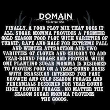 Domain Outdoor Sugar Momma Deer Food Plot Seed, 1/2 Acre, Annual and Perennial Food Sources for Summer, Fall and Winter Attraction, Year Round Food - Turnip, Rape, Kale, Clovers, Chicory