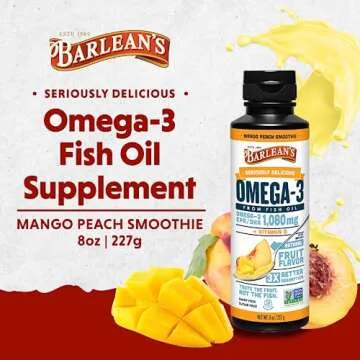 Barlean's Mango Peach Omega 3 Fish Oil Liquid Supplement with Vitamin D, 1080mg EPA & DHA Fatty Acid...