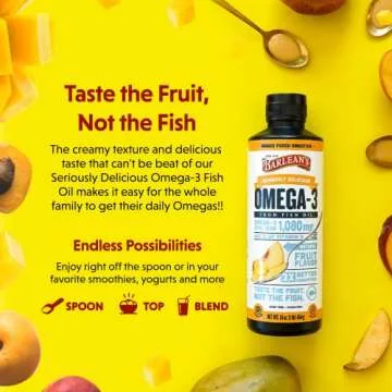 Barlean's Mango Peach Omega 3 Fish Oil Liquid Supplement with Vitamin D, 1080mg EPA & DHA Fatty Acid, Smoothie Flavored & Burpless for Brain, Joint, & Heart Health, 8 oz