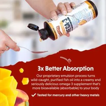 Barlean's Mango Peach Omega 3 Fish Oil Liquid Supplement with Vitamin D, 1080mg EPA & DHA Fatty Acid, Smoothie Flavored & Burpless for Brain, Joint, & Heart Health, 8 oz