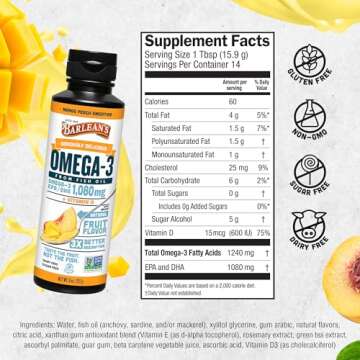 Barlean's Mango Peach Omega 3 Fish Oil Liquid Supplement with Vitamin D, 1080mg EPA & DHA Fatty Acid, Smoothie Flavored & Burpless for Brain, Joint, & Heart Health, 8 oz