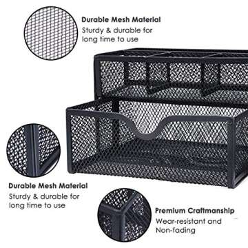ARCOBIS Black Mesh Desk Organizer Office Supplies Multi-Functional Desktop Pen Holder Organizer with 6 Compartments and 1 Large Storage Drawer for Office, Home, School, Classroom