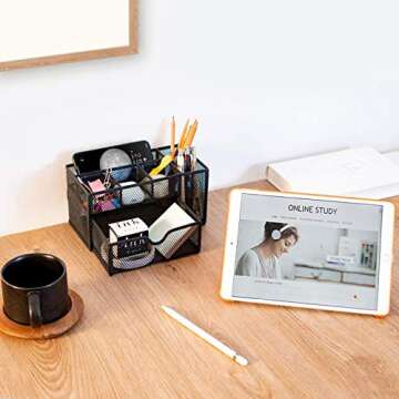 ARCOBIS Black Mesh Desk Organizer Office Supplies Multi-Functional Desktop Pen Holder Organizer with 6 Compartments and 1 Large Storage Drawer for Office, Home, School, Classroom