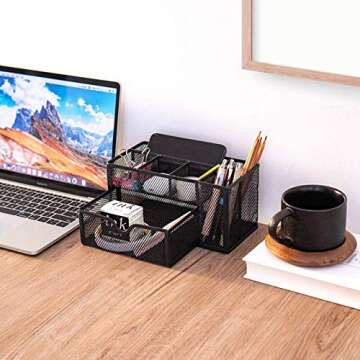 ARCOBIS Black Mesh Desk Organizer Office Supplies Multi-Functional Desktop Pen Holder Organizer with 6 Compartments and 1 Large Storage Drawer for Office, Home, School, Classroom
