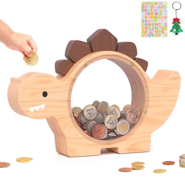 Summidate Wooden Dinosaur Piggy Bank for Boys, Cute Dino Money Bank for Kids Toddlers, Unbreakable W...