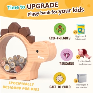 Cute Dino Money Bank for Kids - Summidate Wooden Piggy Bank