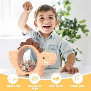Cute Dino Money Bank for Kids - Summidate Wooden Piggy Bank
