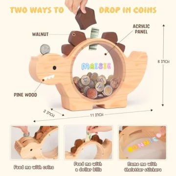 Cute Dino Money Bank for Kids - Summidate Wooden Piggy Bank