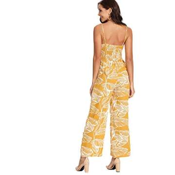 Floerns Women's Palm Leaf Print Shirred Back Button Cami Palazzo Jumpsuit