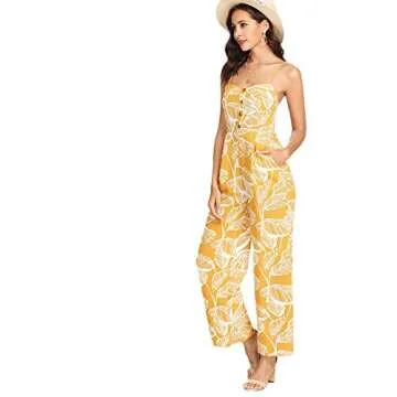 Floerns Women's Palm Leaf Print Shirred Back Jumpsuit