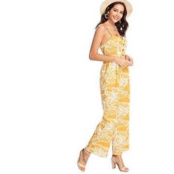 Floerns Women's Palm Leaf Print Shirred Back Button Cami Palazzo Jumpsuit