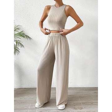 SweatyRocks Women's 2 Piece Outfits Ribbed Knit Sleeveless Round Neck Crop Tank Top and Wide Leg Pants