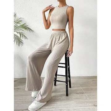 SweatyRocks Women's 2 Piece Outfits Ribbed Knit Sleeveless Round Neck Crop Tank Top and Wide Leg Pants