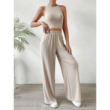 SweatyRocks Women's 2 Piece Outfits Ribbed Knit Sleeveless Round Neck Crop Tank Top and Wide Leg Pants