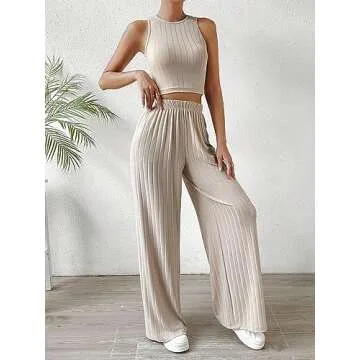 SweatyRocks Women's 2 Piece Outfits Ribbed Knit Sleeveless Round Neck Crop Tank Top and Wide Leg Pants