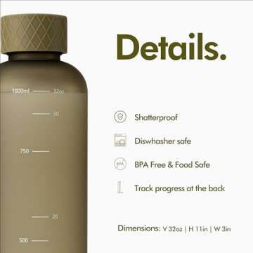 KIVY Slim Water Bottle 32oz [Lightweight & Shatterproof] Fits Cupholder & Backpack - Reusable water bottle no straw - Aesthetic water bottle screw top gym - Green khaki water bottle for men & women