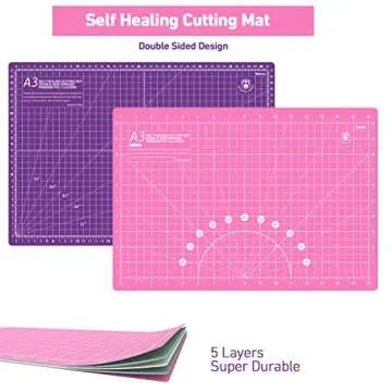 Headley Tools Rotary Cutter Set - 45mm Fabric Cutter, 5 Replacement Rotary Blades, A3 Cutting Mat, Quilting Ruler and Sewing Clips, Craft Knife Set, Ideal for Crafting, Sewing, Patchworking, Pink