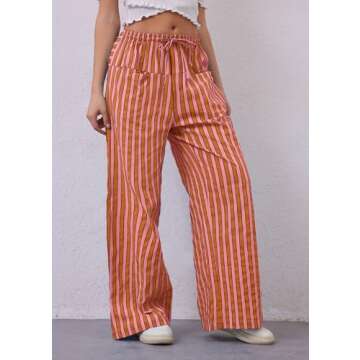Calbatic Women Striped Casual Lounge Pants - Drawstring Wide Leg Trousers with Pockets