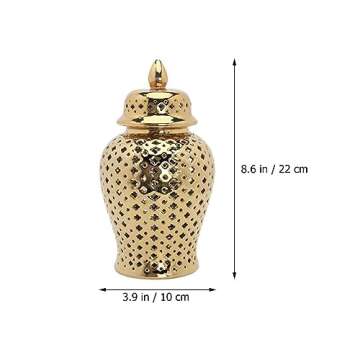 HOMSFOU Ceramic Ginger Jar with Lid Carved Lattice Decorative Temple Jar Modern Ceramic Hollow Out Ginger Jar Flower Vase for Home Office Party Wedding Decor Golden 22x10cm