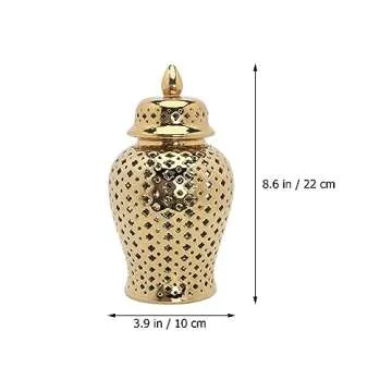 HOMSFOU Ceramic Ginger Jar with Lid Carved Lattice Decorative Temple Jar Modern Ceramic Hollow Out Ginger Jar Flower Vase for Home Office Party Wedding Decor Golden 22x10cm