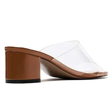 WAYDERNS Women's Brown Open Toe Chunky Slip On Patent Solid Low Heel 2 Inch Heeled Sandals Size 9.5 - Zapatos de Mujer de Tacon