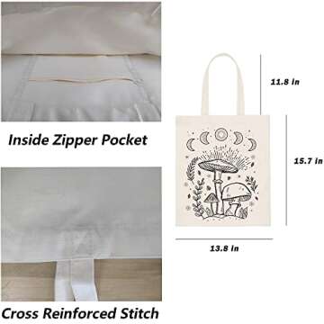 Canvas Tote Bag for Women Aesthetic Cute Mushroom Tote Bag Vintage Reusable Grocery Bags Shopping Bag-Zipper Style-a