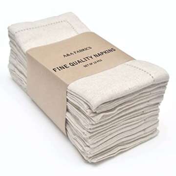 Natural Cotton Linen Napkin Set of 12 18x18 inch Dinner Napkins - Washable Soft Premium Hotel Quality Reusable Napkins Perfect Table Napkins for Family Dinners, Weddings (Hemstitch Napkins)