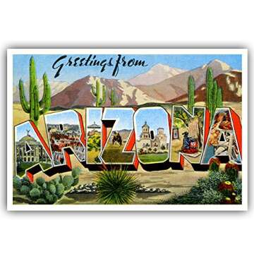 GREETINGS FROM 50 American states vintage reprints postcard set (ca. 1930-1940's). Large letter name postcards of each U.S. state. Post card variety pack. Made in USA.