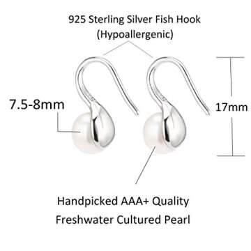 925 Sterling Silver Hoop Handpicked AAA+ Quality 7.5-8mm White Freshwater Cultured Pearl Dangle Drop Earrings Jewelry for Women