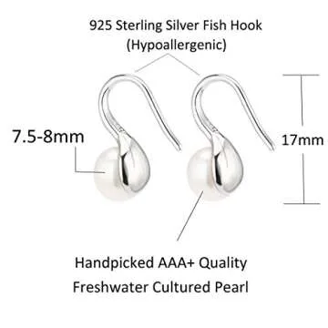 925 Sterling Silver Hoop Handpicked AAA+ Quality 7.5-8mm White Freshwater Cultured Pearl Dangle Drop Earrings Jewelry for Women