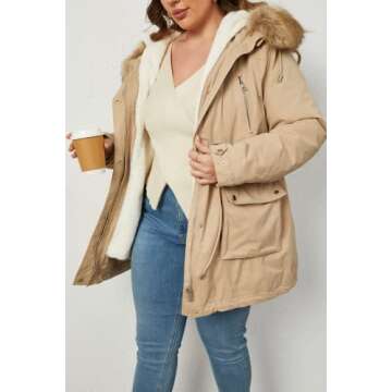 Geschallino Women's Parka Coat 3 in 1 Plus Size Winter Warm Fleece Lined Anoraks Thicken Hooded Outerwear (1X-5X)