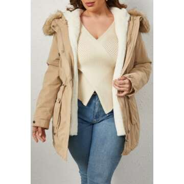 Geschallino Women's Parka Coat 3 in 1 Plus Size Winter Warm Fleece Lined Anoraks Thicken Hooded Outerwear (1X-5X)