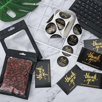 Lefiocky 1120 Pcs Thank Cards and Stickers Set 1.5 Inch with Gold Foil Lettering Thank for Supporting My Small Business Tiny Thank You Cards and Resealable Packaging Bag for Business - Black