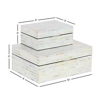 Deco 79 Mother of Pearl Shell Handmade Decorative Box Decorative Keepsake Boxes with Linear Mosaic Pattern and Hinged Lid, Set of 2 Storage Boxes 12", 8"W, White