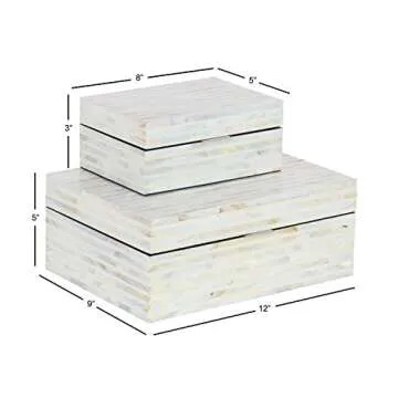 Deco 79 Mother of Pearl Shell Handmade Decorative Box Decorative Keepsake Boxes with Linear Mosaic Pattern and Hinged Lid, Set of 2 Storage Boxes 12", 8"W, White