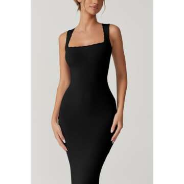 QINSEN Women's Square Neck with Lace Detail Long Maxi Dress Sleeveless Lounge Ribbed Full Length Dresses Black S