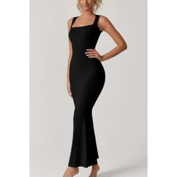 QINSEN Women's Square Neck with Lace Detail Long Maxi Dress Sleeveless Lounge Ribbed Full Length Dresses Black S