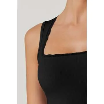 QINSEN Women's Square Neck with Lace Detail Long Maxi Dress Sleeveless Lounge Ribbed Full Length Dresses Black S