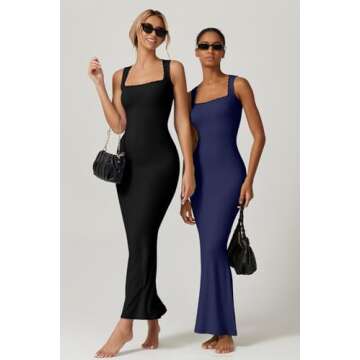 QINSEN Women's Square Neck with Lace Detail Long Maxi Dress Sleeveless Lounge Ribbed Full Length Dresses Black S