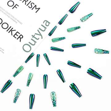 Outyua Rhinstone Super Long Fake Nails Coffin Green Press on Nails Glossy Ballerina Acrylic False Na...