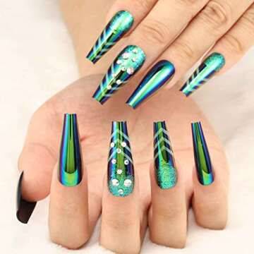 Elegant Green Coffin Press-On Nails with Rhinestones
