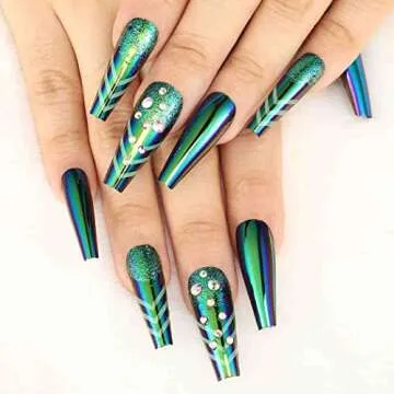 Elegant Green Coffin Press-On Nails with Rhinestones