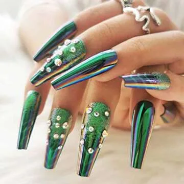 Elegant Green Coffin Press-On Nails with Rhinestones