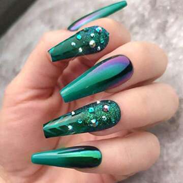 Elegant Green Coffin Press-On Nails with Rhinestones