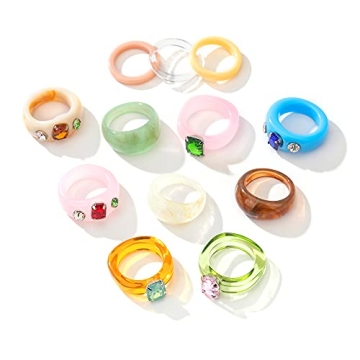 MOROTOLE 12Pcs Resin Rings Colorful Acrylic Rings for Women Resin Diamond Finger Rings Set Chunky Ri...