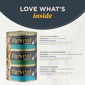Reveal Natural Wet Cat Food, 12 Count, Grain Free, Limited Ingredient Canned Food for Cats, Fish Variety in Broth, 2.47 oz Cans