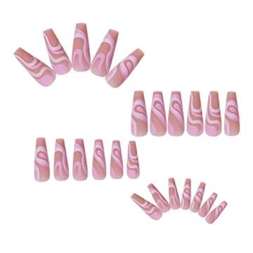 MERVF Long Press on Nails Abstract Coffin Fake Nails Matte Glue on Nails Ballerina Acrylic Nails Full Cover Purple Pink False Nails Clip on Nails 24PCS
