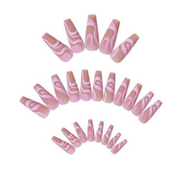 MERVF Long Press on Nails Abstract Coffin Fake Nails Matte Glue on Nails Ballerina Acrylic Nails Full Cover Purple Pink False Nails Clip on Nails 24PCS